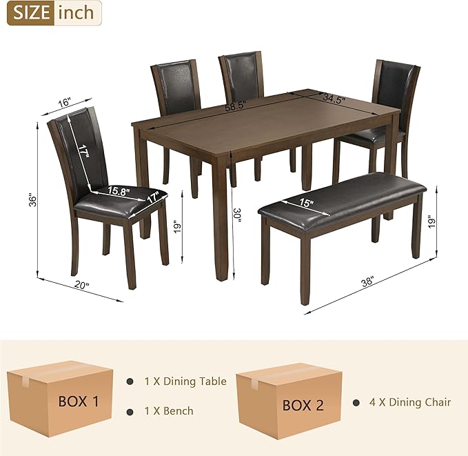 KEIKI 6-Piece Standard Height Dining Table Set with Rectangular Table, 4 Upholstered Chair, Bench, for 6 Person, Farmhouse Rustic Table Set, Easy Assembly, for Kitchen, Dining Room, Dark Walnut