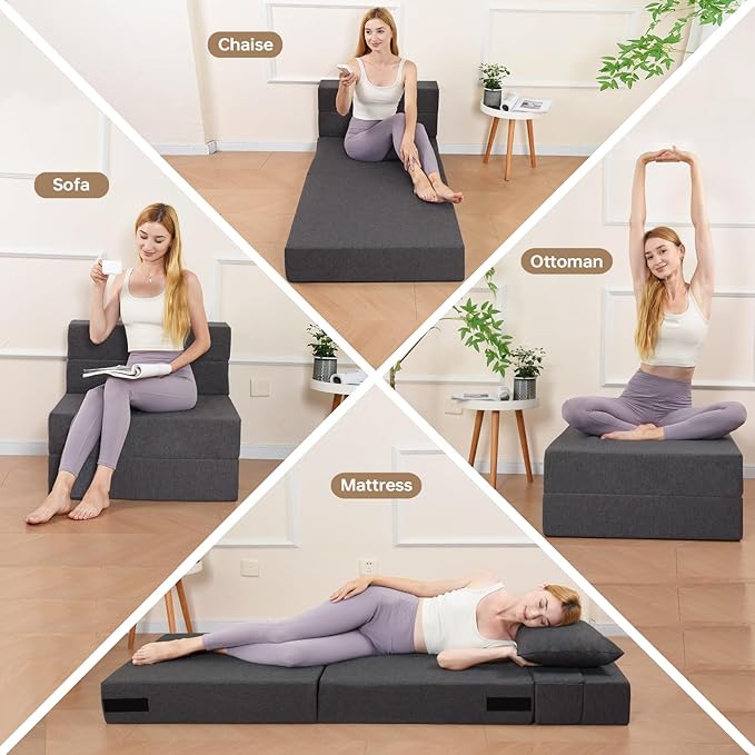Folding Sofa Bed, Foldable Sleeper Chair with Pillow, Convertible Futon Sofa Bed with Washable Cover, Fold Out Couch for Living Room, Dorm, Guest Room, Single Size, Dark Grey