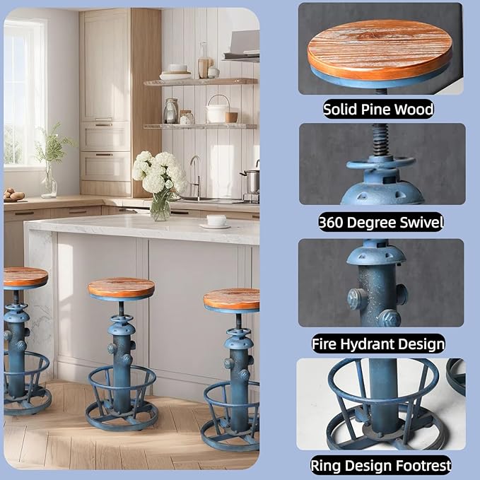 Retro Bar Stool Industrial Swivel Counter Stools for Kitchen Island 24.8-30.7inch Height Adjustable Vintage Fire Hydrant Design Coffee Stools Farmhouse Dining Chairs