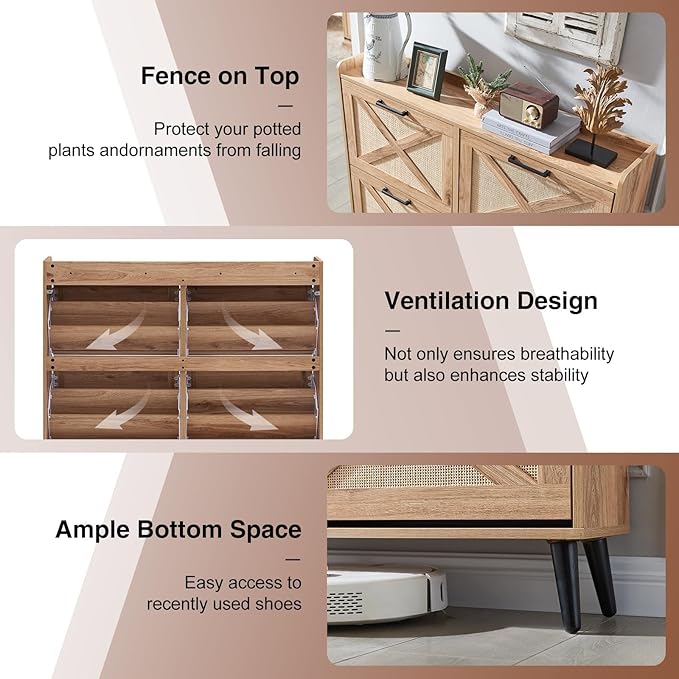 Shoe Storage Cabinet, Boho Shoe Organizer with 4 Flip Drawers & Rattan Design,Farmhouse Freestanding Hidden Slim Narrow Shoe Rack Cabinet for Entryway, Foyer,Hallway,Natural