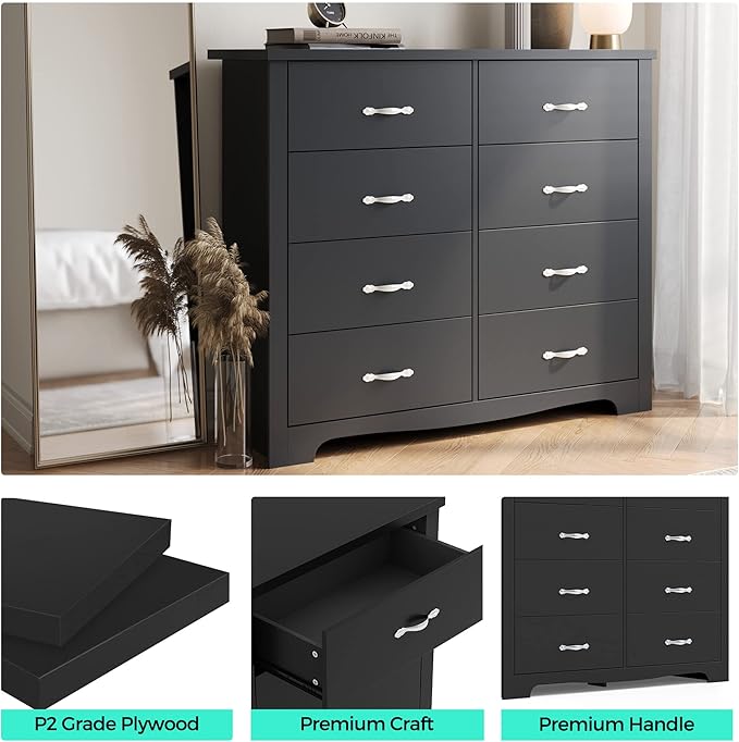 LINSY HOME 8 Drawer Double Dresser, Black Dresser for Bedroom, Modern Dresser Chest with Wide Drawers, Wood Storage Chest of Drawers for Living Room