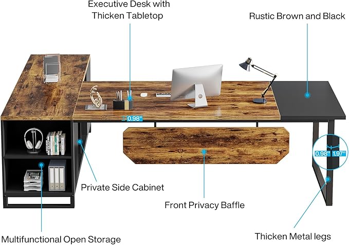 Tribesigns 70.8" Executive Desk with 55" File Cabinet, Modern L Shaped Computer Desk with Storage Shelves and Cabinet, Large L Shaped Executive Desk for Home Office, Rustic Brown & Black