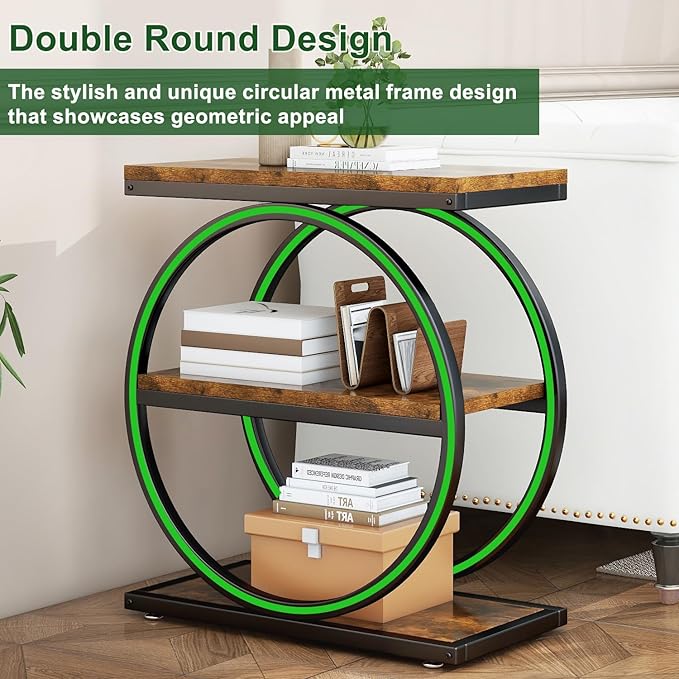 IBUYKE Narrow End Table with 3 Storage Shelves, Industrial Sofa Side Table, Double Round Metal Frames, Slim Nightstand and Bedside Table for Bedroom, Living Room, Rustic Brown UTMJ418H