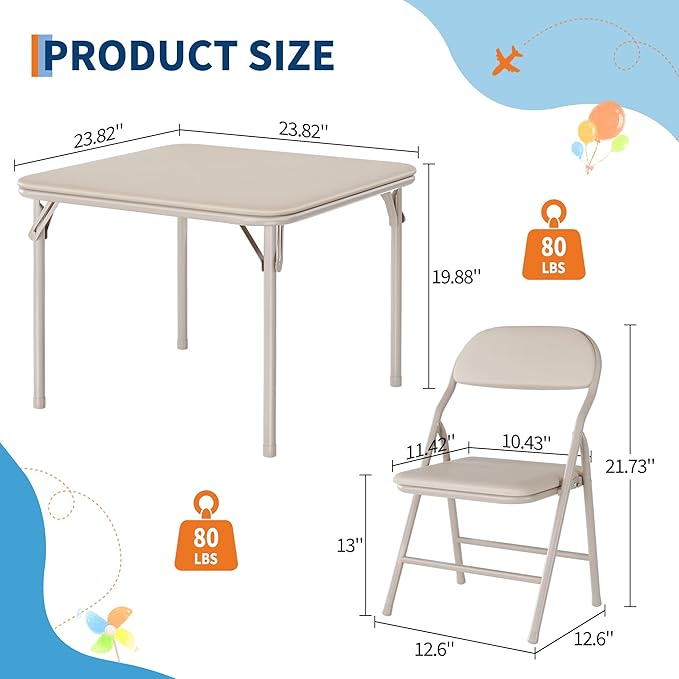 IDEALHOUSE 3 Piece Folding Kids Table and Chairs Set, Children Activity Table and Chairs Set for Dining Room,Daycare,Classrooms