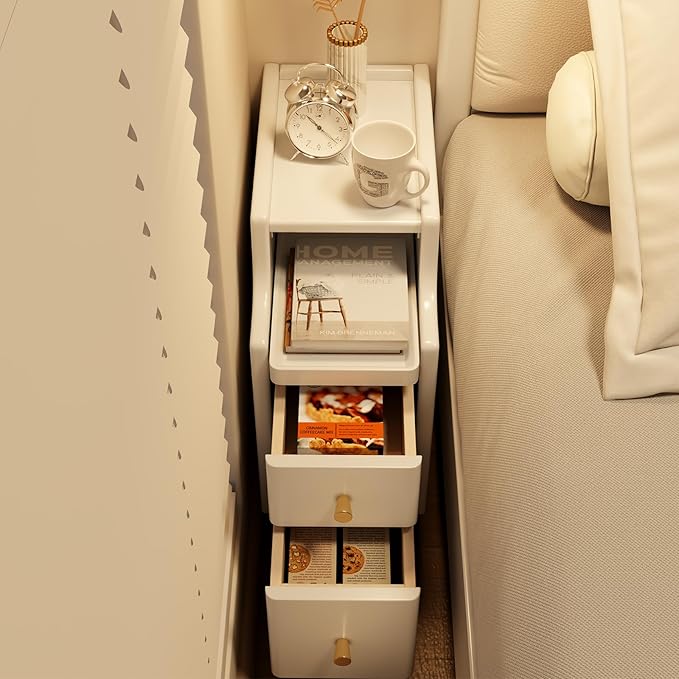 Small Nightstand with Drawers, Solid Wood Bedside Table, Narrow White Nightstand for Bedroom