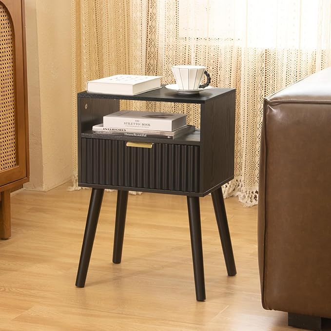 Black Nightstand, Modern Bedside Table with Fluted Drawers, Small Night Stand with Storage and Solid Wood Legs for Bedroom, Dorm and Small Space (Black)