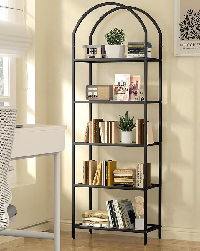 Homhedy Bookshelf Arched Display Racks,Metal Bookcase,Tempered Glass Shelves,Storage Rack Shelf for Home Office,Living Room,Bedroom, Bathroom,Modern Style (Black, 11.8" D x 23.6" W x 62.2" H)