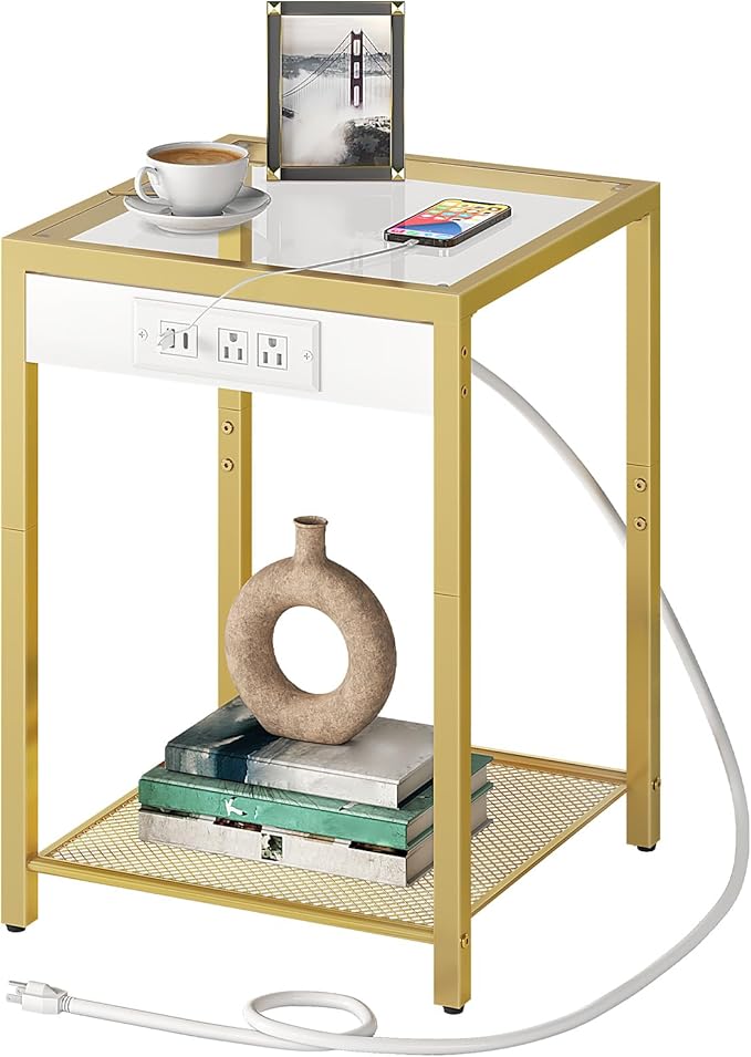 HOOBRO Side Table with Charging Station, End Table with USB Port, Nightstand for Tight Spaces, Tempered Glass, Modern Metal Frame, for Office, Bedroom, Living Room, Study, Gold GD76UBZ01