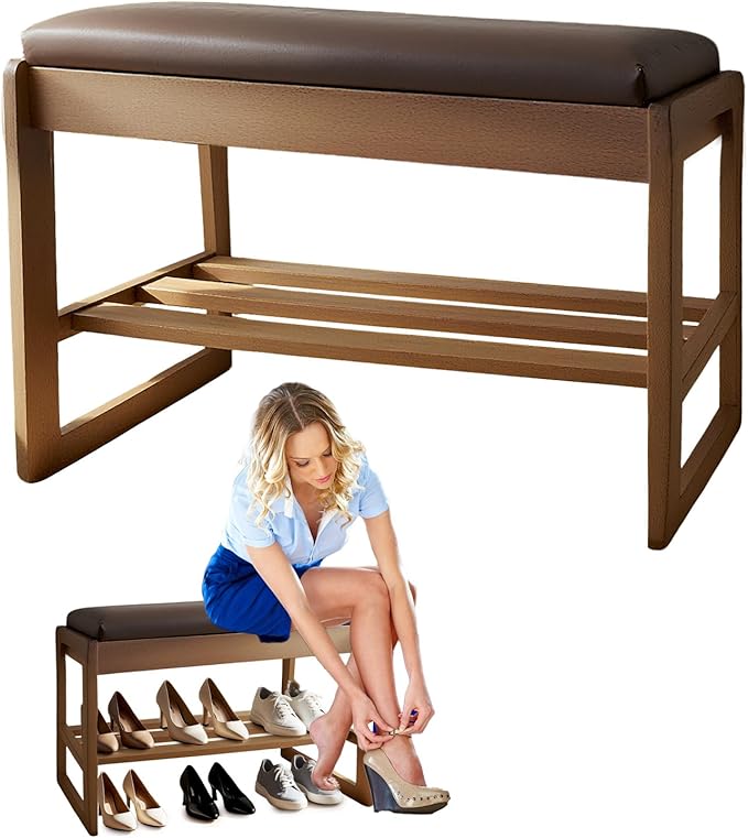 2-Tier Wood Shoe Bench with Flip-Top Storage Cabinet, 31.5", Entryway Bench with Shoe Storage, Front Door Shoe Rack（Walnut）