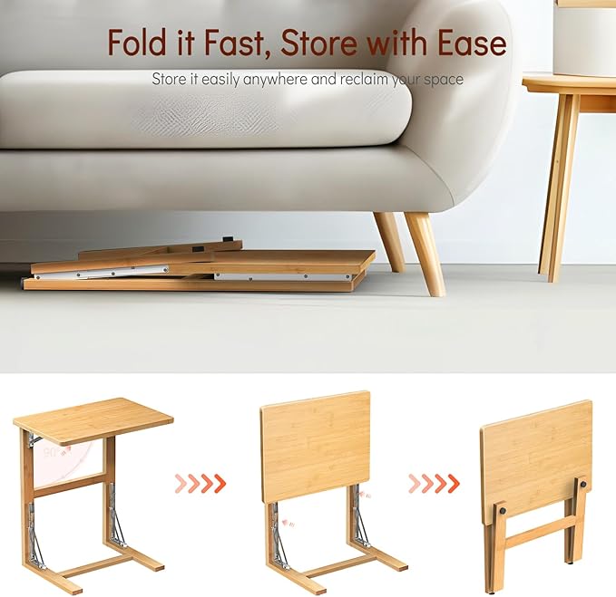 Tatub 24'' Folding TV Tray Table, Foldable C Shaped End Table Slide Under Couch, Small Sofa Side Laptop Desk for Living Room, Bedroom, Nature