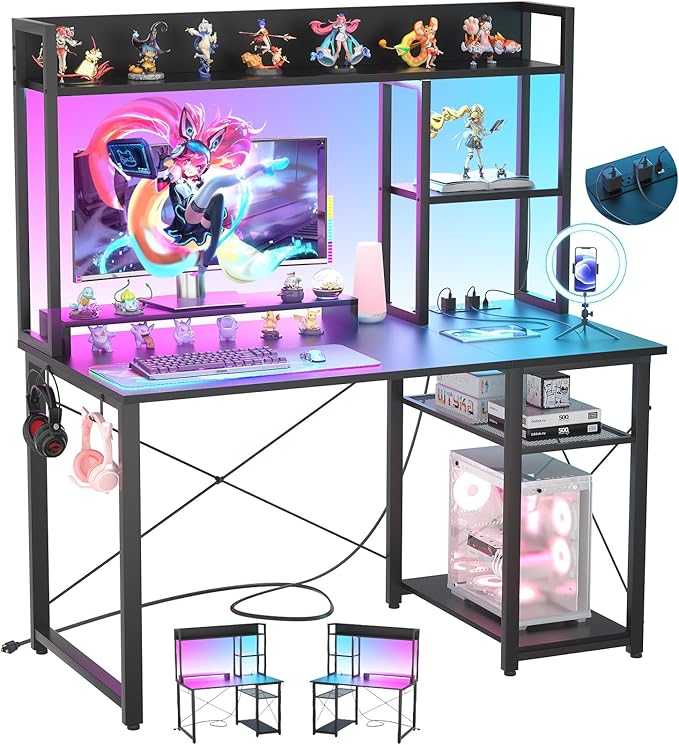 Cyclysio Gaming Desk with Hutch, 39'' Computer Desk with LED Lights & Power Outlets, Home Office Desk with Reversible 5 Tiers Storage Shelves & Monitor Stand, Small Gaming Table for Small Space, Black