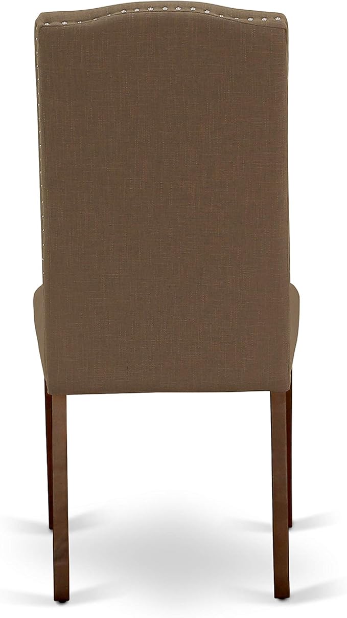 East West Furniture ESEN3-MAH-18 3 Piece Dinette Set for Small Spaces Contains a Round Dining Table with Pedestal and 2 Dark Coffee Linen Fabric Upholstered Chairs, 30x30 Inch, Mahogany