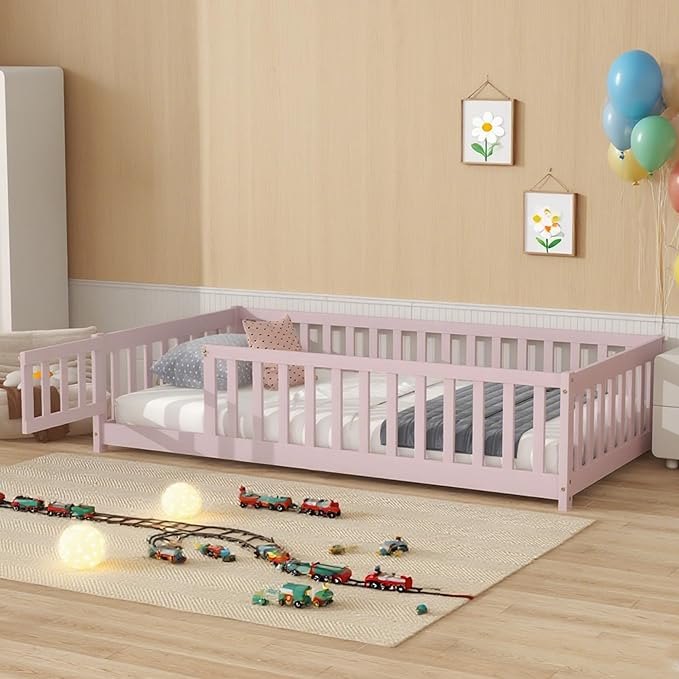Twin Floor Bed Frame with Slats and Safety Guardrail, Wood Twin Size Montessori Floor Bed with Door and Fence, Easy Assemble Montessori Beds for Kids, Girls, Boys, Pink