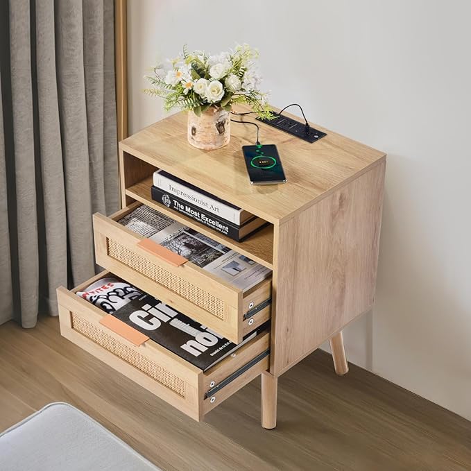VEVOR Rattan Nightstand, Boho Bedside Table with Open Shelf 2 Drawers, End Table Nightstand with Solid Wood Legs, Rattan Bedside Table with Charging Station, for Bedroom