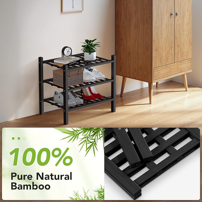 Haddockway small 3 Tier Bamboo Shoe Rack Storage Organizer, Multifunctional Free Standing Stackable Shoe Shelf with Grid Panel for Closet,Hallway,Entryway,Small Space 18"x11"x17"(Black, 3-Tier(Small))