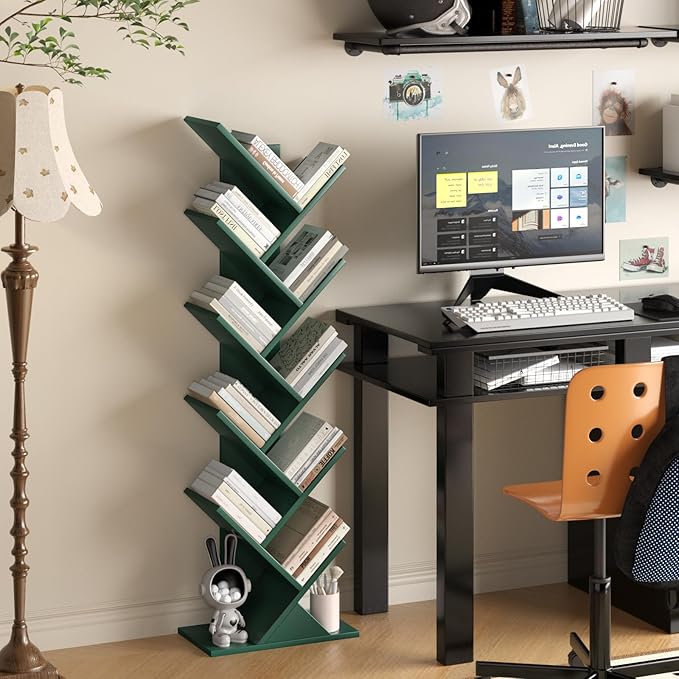 10 Tier Tree Book Shelf, Floor Standing Wood Bookshelf for Narrow Space, Storage Organizer Bookshelves for Books/CDs/Magazine, Bookcase with Shelves for Home Office, Living Room