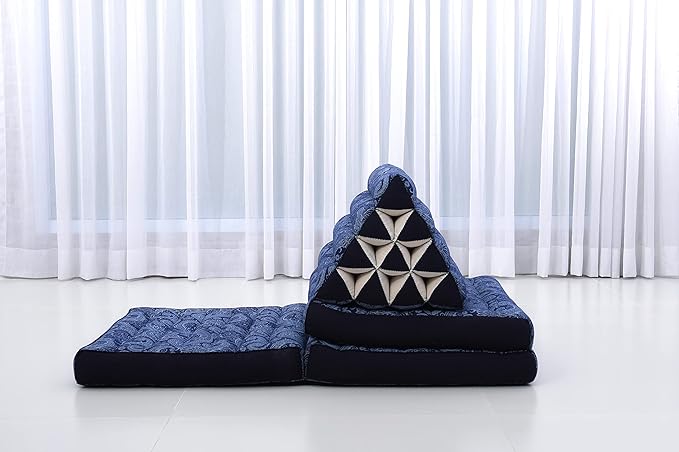 Leewadee - Comfortable Japanese Floor Mattress - Thai Floor Bed with Triangle Cushion - Futon Mattress - Thai Massage Mat, 67 x 21 inches, Blue White, Kapok Filling