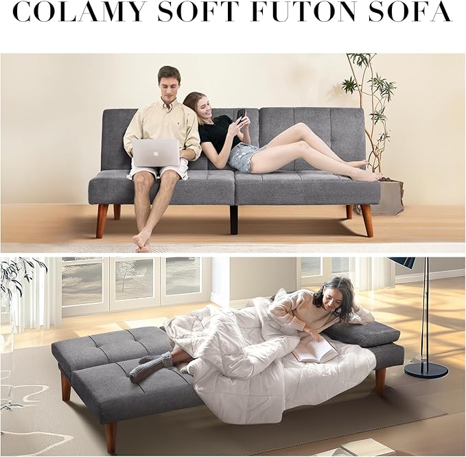 COLAMY Futon Sofa Bed-Fabric Small Couch, Small Lounge Convertible with 2 Cup Holders, Removable Soft Armrest, Adjustable Backrest for Dorm/Bedroom/College