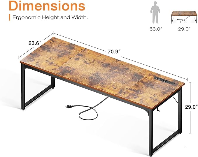 Coleshome 71 Inch Computer Desk with USB Ports, Large Office Desk, Long Study Student Writing Desk, Rustic Brown