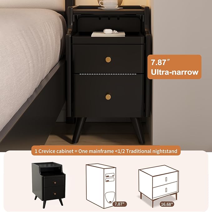 Wood Nightstand, Black Nightstand with 2 Drawers, Bedside Table for Bedroom