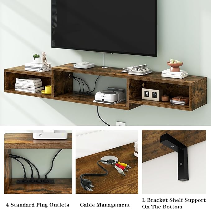 IBUYKE 71" Floating TV Stand Wall Mounted with Power Outlet,Wood Wall Mounted Media Console Shelf,Floating Entertainment Center for Under TV Storage for Living Room Bedroom Office,Rustic Brown WST008H