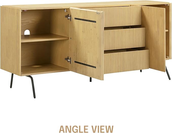 NTC Veil Modern Sideboard with 4 Doors, Buffet Cabinet with Vertical Groove Design and Metal Legs, Storage Cabinet for Living Room, and Hallway, Effortless Assembly, Sand