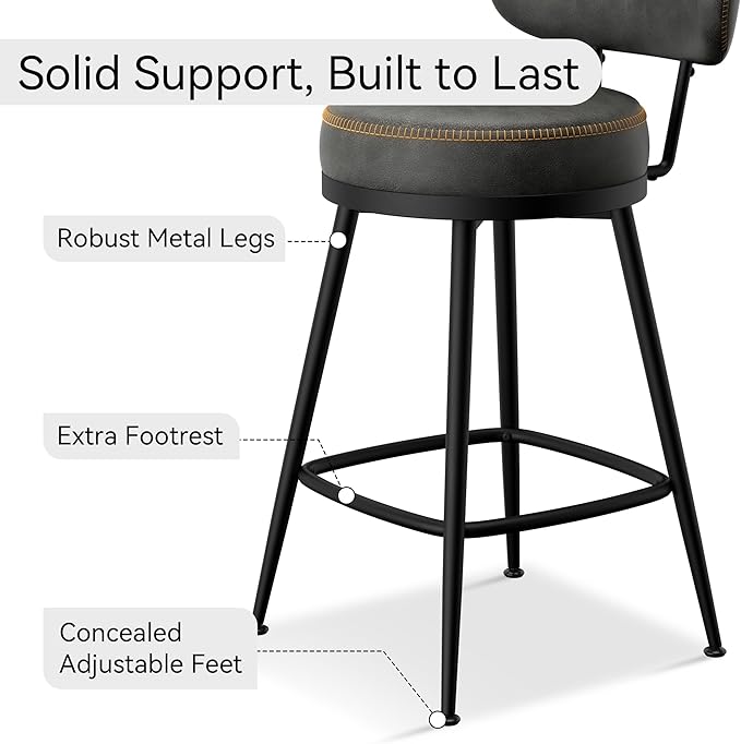 Counter Height Bar Stools, 26" H Swivel Barstools Set of 4, Faux Leather Kitchen Counter Stools with Back and Stylish Stitching, Metal Frame, Pub, Home Bar, Black Grey