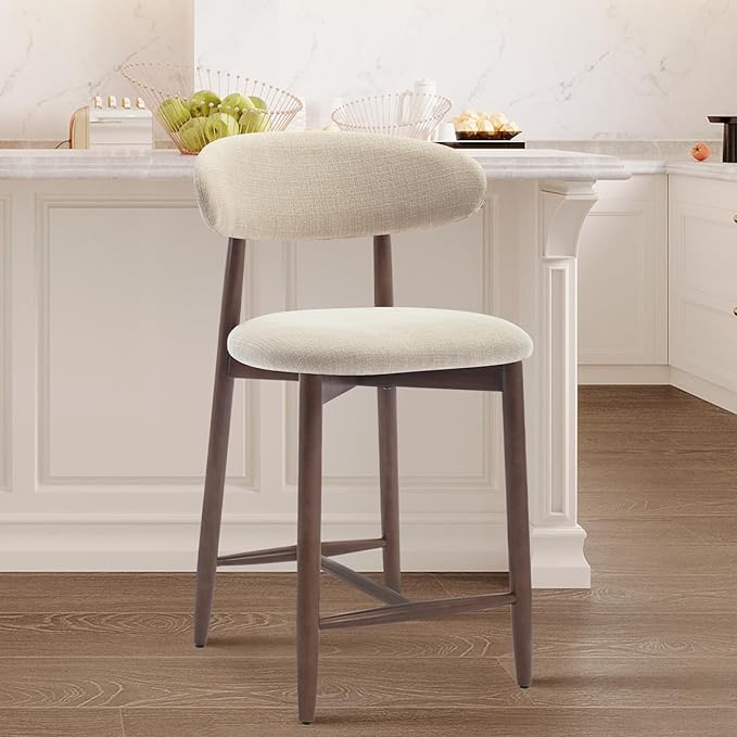 COLAMY Counter Height Bar Stools Set of 3, Upholstered Barstools with Back, Mid Century Modern Stools with Wood Legs for Kitchen Island Dining Room, Beige