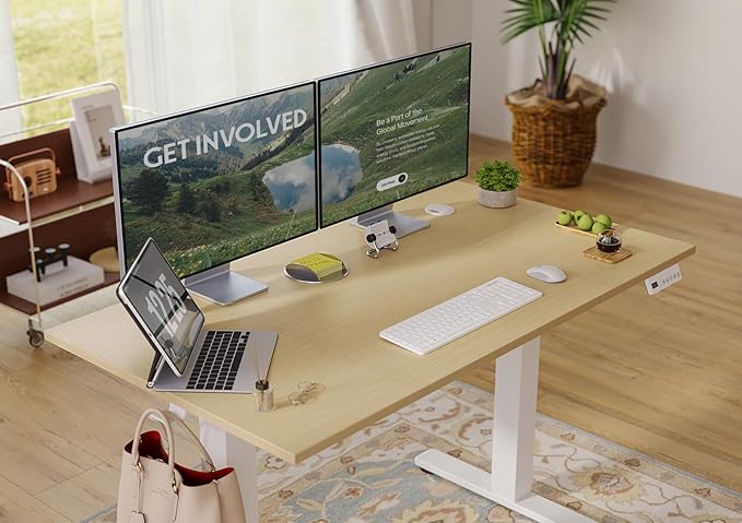 Seang Electric Standing Desk Adjustable Height, 48 x 24 Inch Sit Stand Desk with T-Shaped Frame, 3 Memory Presets & Cable Management for Home Office Computer Workstation, White Frame/Nature Top