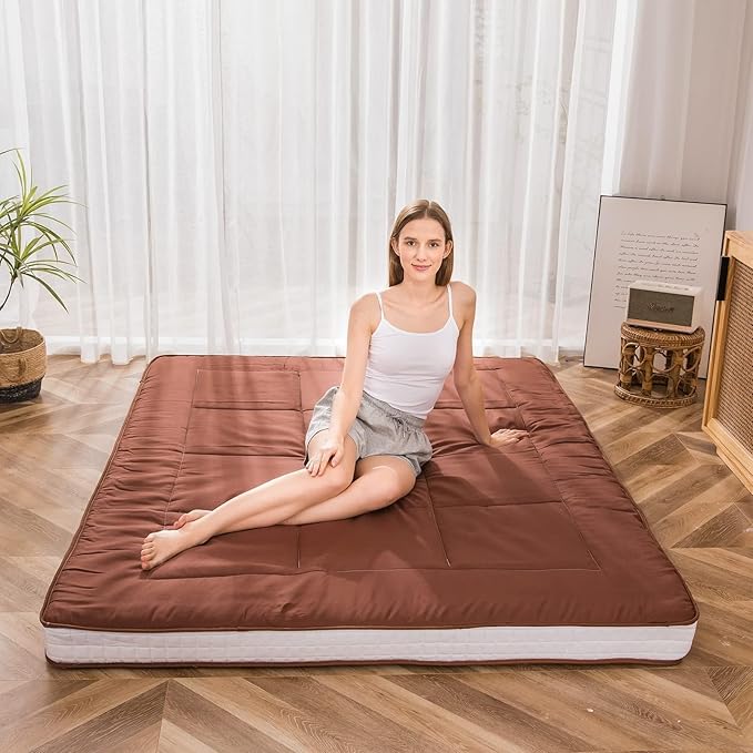 MAXYOYO Futon Mattress, Japanese Floor Mattress Queen Size, Quilted Bed Mattress Topper, Extra Thick Folding Sleeping Pad Breathable Floor Lounger Guest Bed for Camping Couch, Coffee