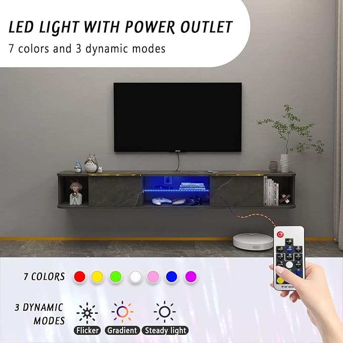 Pmnianhua LED Floating TV Stand with 2 Drawers,63'' Under TV Shelf with LED Lights,Wall Mounted TV Console,Floating TV Shelf with Storage for Bedroom Playroom Living Room(Dark Grey)