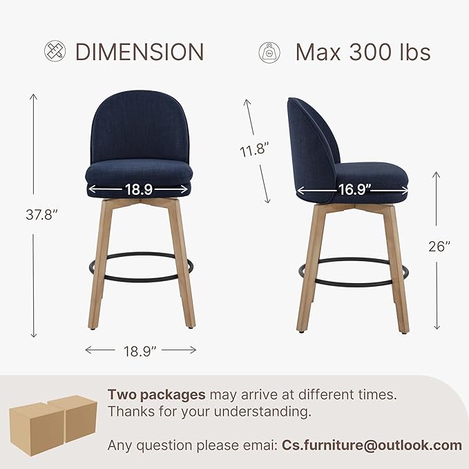 Counter Height Barstools 26 inch Upholstered Swivel Bar Stools with Back and Wood Legs for Kitchen Island,Set of 4,Blue Fabric-Armless
