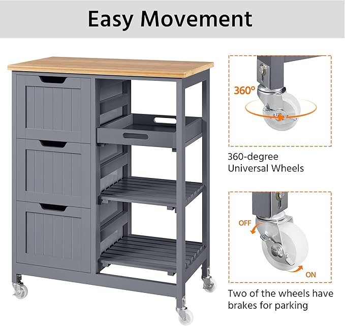Yaheetech Kitchen Island Cart on Wheels with Storage, Rolling Bar Cart with Solid Wood Top and 3 Drawers, 3 Removable Shelves, Serving Utility Carts for Dining Room/Small Kitchen, Dark Gray