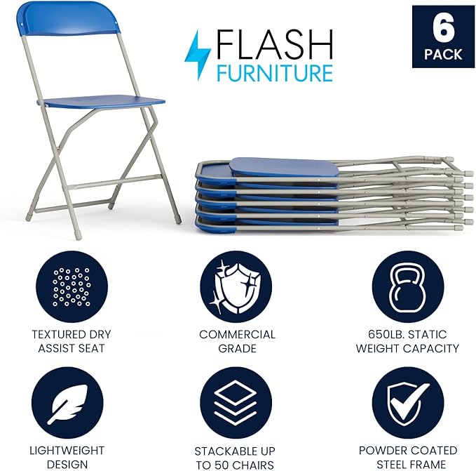 Flash Furniture Hercules Series Plastic Folding Chair - Blue - 6 Pack 650LB Weight Capacity Comfortable Event Chair-Lightweight Folding Chair