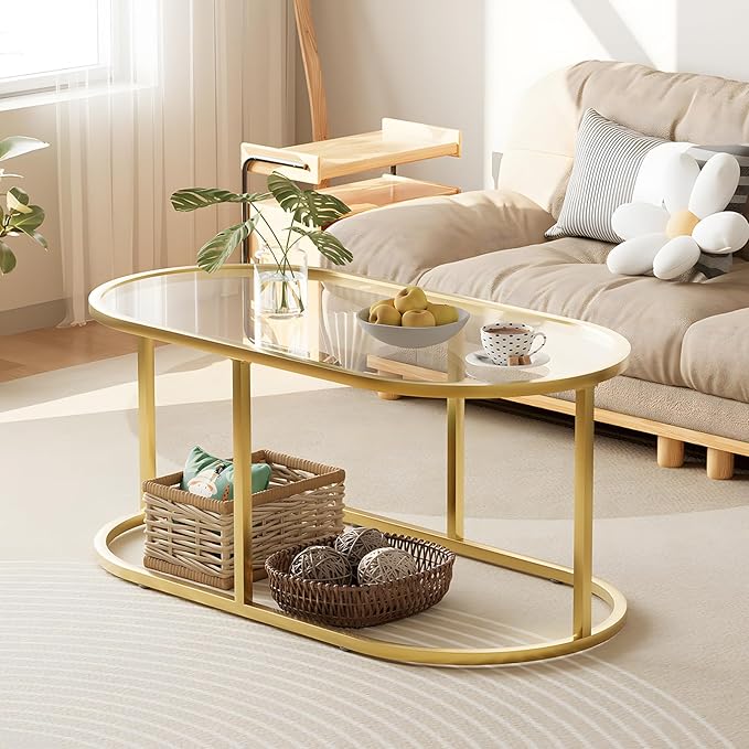 Coffee Table Gold Glass Coffee Tables for Living Room, Oval Table Center Table with Sturdy Metal Frame,Modern Tempered Glass Accent Tables for Bedroom Home Office