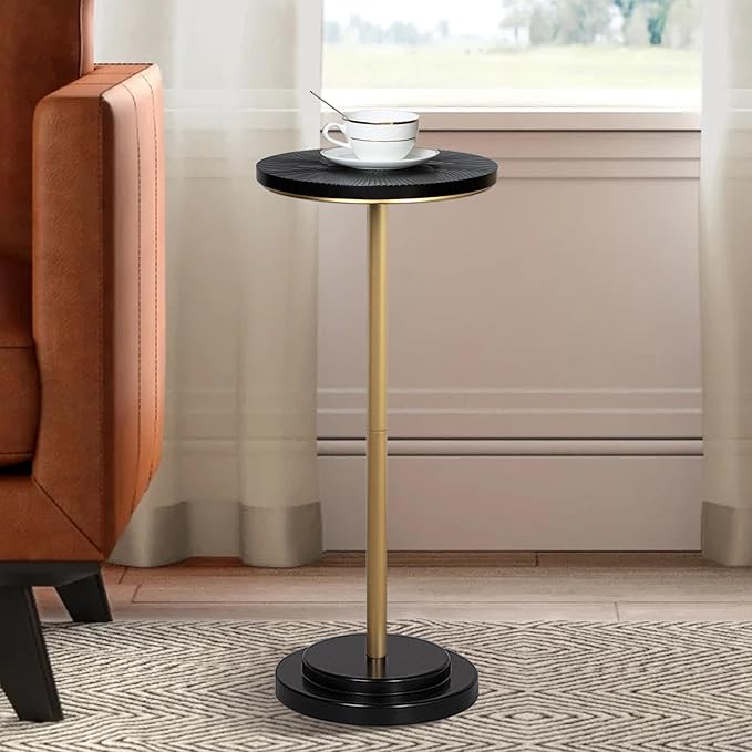 Drink Table, Small Pedestal Side Table with Wooden Carved Top for Living Room, Bedroom, Small Space, Gold and Black