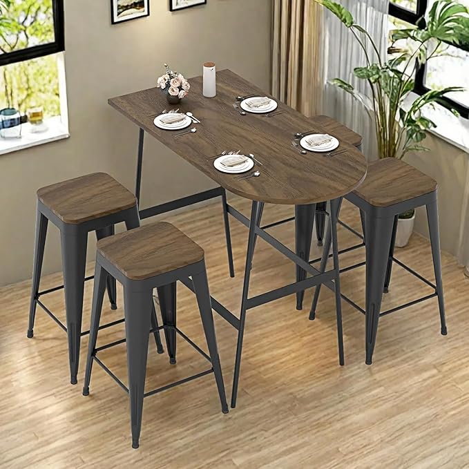 30 inch Backless Bar Stools Set of 4, Indoor Metal Bar Stools with Wood Seat, Industrial Counter Height Barstools for Kitchen Island, Black