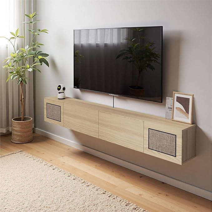 Pmnianhua Boho Floating TV Stand 55", Modern Wall Mounted Media Console with Cotton-Rayon Doors for Under TV Shelf,Entertainment Center,Living Room,Bedroom(Natural)