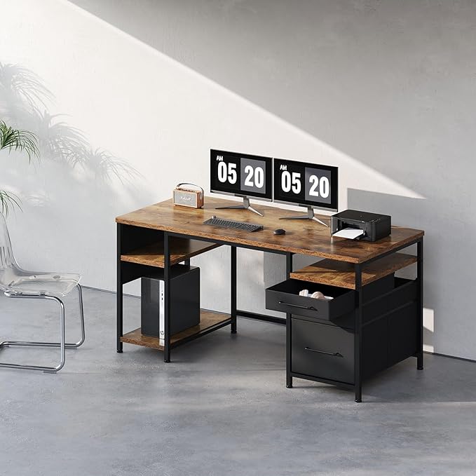Ｍａｉｈａｉｌ Maihail Home Office Desk with Drawers Adjustable Shelves, 59 inch Writing Desk with File Cabinet, Large Computer Desk with Storage, Rustic Brown