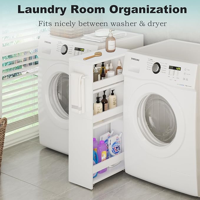 MARTY Rolling Storage Cart 7.9" W, 4-Tier Kitchen Cart with Wheels Handle, Slim Storage Cart Mobile Shelving Utility Carts for Bathroom Laundry Room Organization Narrow Places (All White)