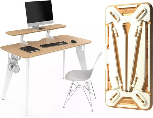 HOEK Collapsible Desk Bundle, 47.5" x 23", Portable Study Desk for Dorm Room, Includes Monitor Shelf, Under Shelf and Wall Storage, Lightweight, Easy No-Tool Assembly (Birch/White)