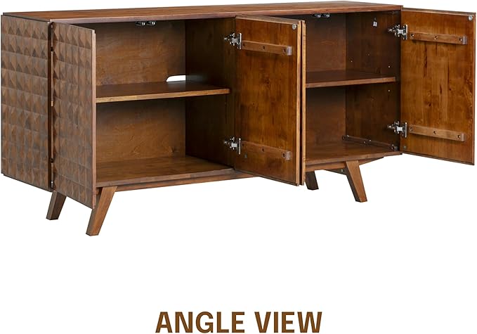 NTC Sapa Mid-Century Modern Solid Wood Sideboard – 4-Door Accent Buffet Cabinet with Carved Geometric Fronts, for Living Room, Dining Room, or Entryway, Effortless Assembly, Dark Walnut