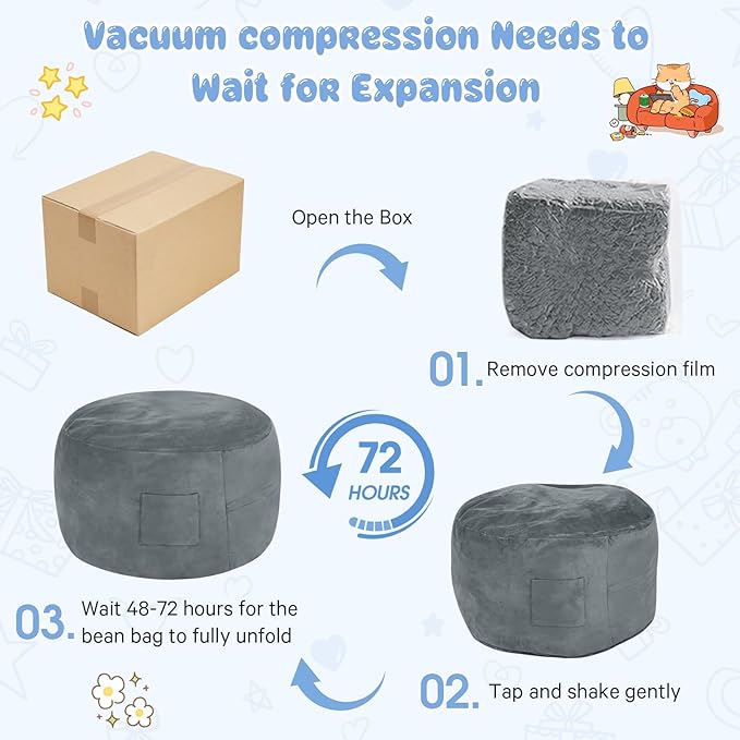 Kids Bean Bag Chair Bed - Convertible Lazy Chair to Floor Mattress with Filler - Small Beanbag Chair for Boys and Girls - Floor Couch Sofa in Bedroom, Classroom, Reading Nook - Charcoal