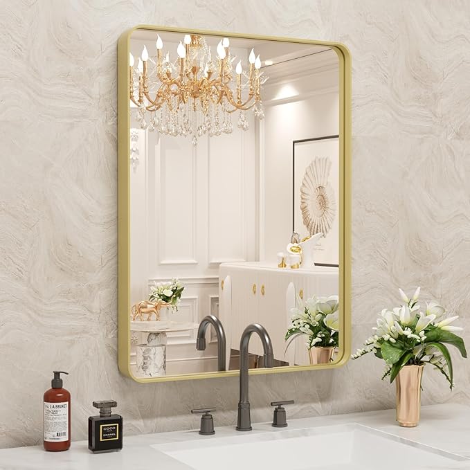 WEER Gold Bathroom Mirror, 20X30 Inch Brushed Gold Metal Frame Mirror, Rounded Rectangle Gold Bathroom Vanity Mirror for Wall, Tempered Glass, Anti-Rust, Hangs Horizontally or Vertically