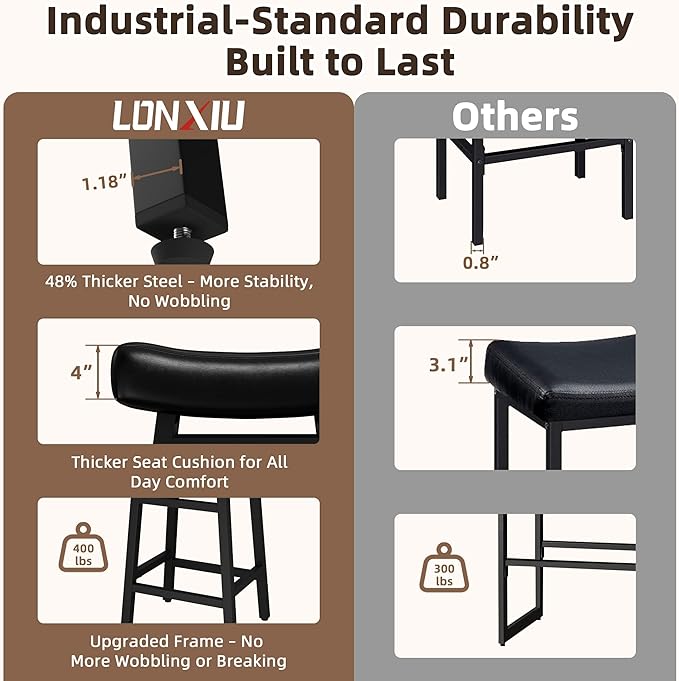 Counter Height Bar Stools Set of 2, 24 Inch Backless BarStools for Kitchen Island Leather Saddle Bar Chairs Kitchen Stools with 4" Thick Seats & Heavy Duty Metal Base, Black