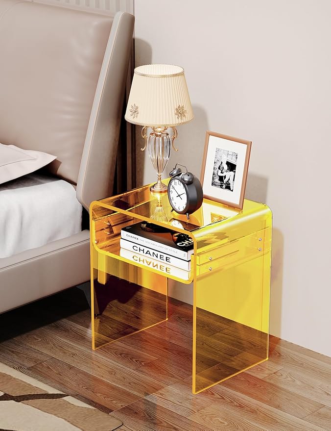 Clear Acrylic End Table 2-Tier Bedside nightstand for Living Room Bedroom Home Decor (Yellow)