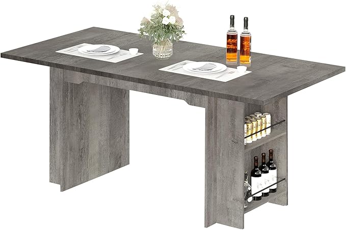 Garvee 63 Inch Dining Table for 2-4, Farmhouse Rectangular Kitchen Table with Waterproof Wood Tabletop, Heavy Duty Legs & 2-Tier Storage Shelves for Kitchen, Dining Room, Grey