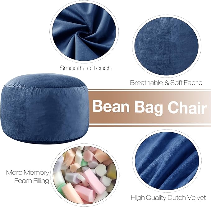 5 Ft Bean Bag Chairs for Adults with Memory Foam Filling, Comfy Bean Bag Sofa with Filler Included, Soft Dutch Velvet Fabric Beanbags,5 Foot, Navy