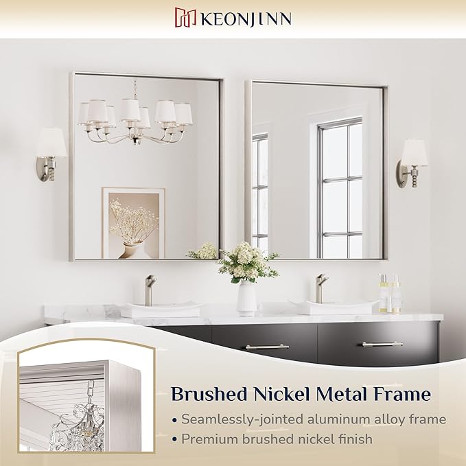 Keonjinn 30 x 36 in Brushed Nickel Bathroom Mirror for Over Sink, Rectangular Silver Metal Framed Rectangular Vanity Wall Mirror Square Corner Modern Farmhouse Rectangle Mirror(Horizontal/Vertical)