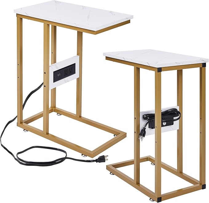 VECELO C Shaped End Side Table with Charging Station & Power Outlets for Couch Sofa/Bed Snack TV Tray with Metal Frame for Living Room Bedroom 2 Set, Gold